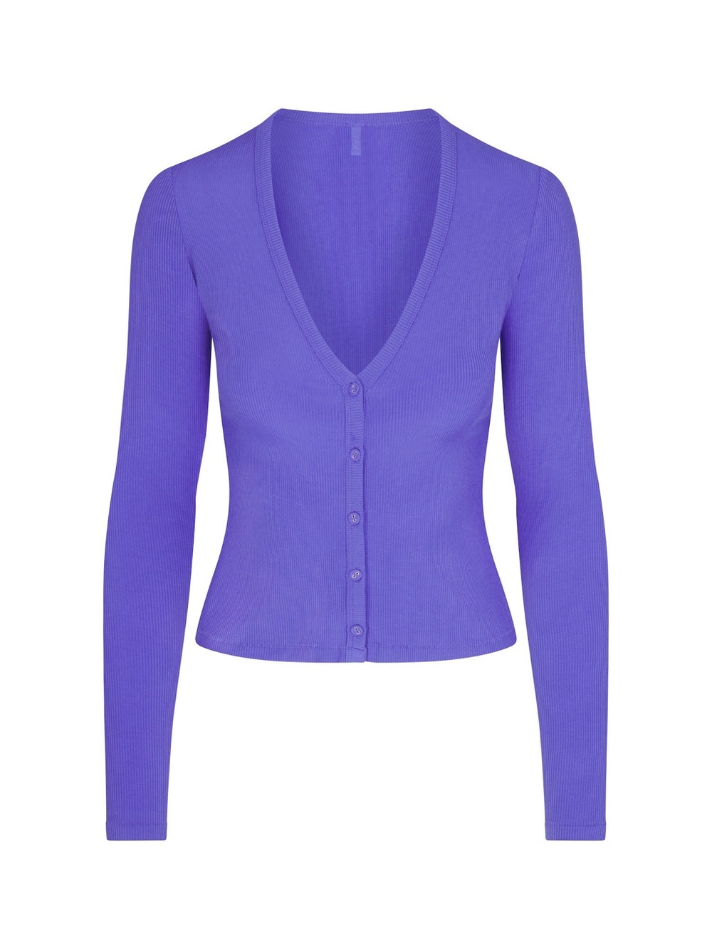 SKIMS V-Neck Ribbed Button Cardigan in Violet